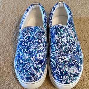 Lilly Pulitzer Blue, White & Green Paisley Slip-Ons